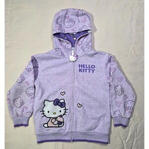 Hello Kitty Girls Size 7 Lavender Hoodie Zip Up Jacket Sanrio Cupcake Hearts